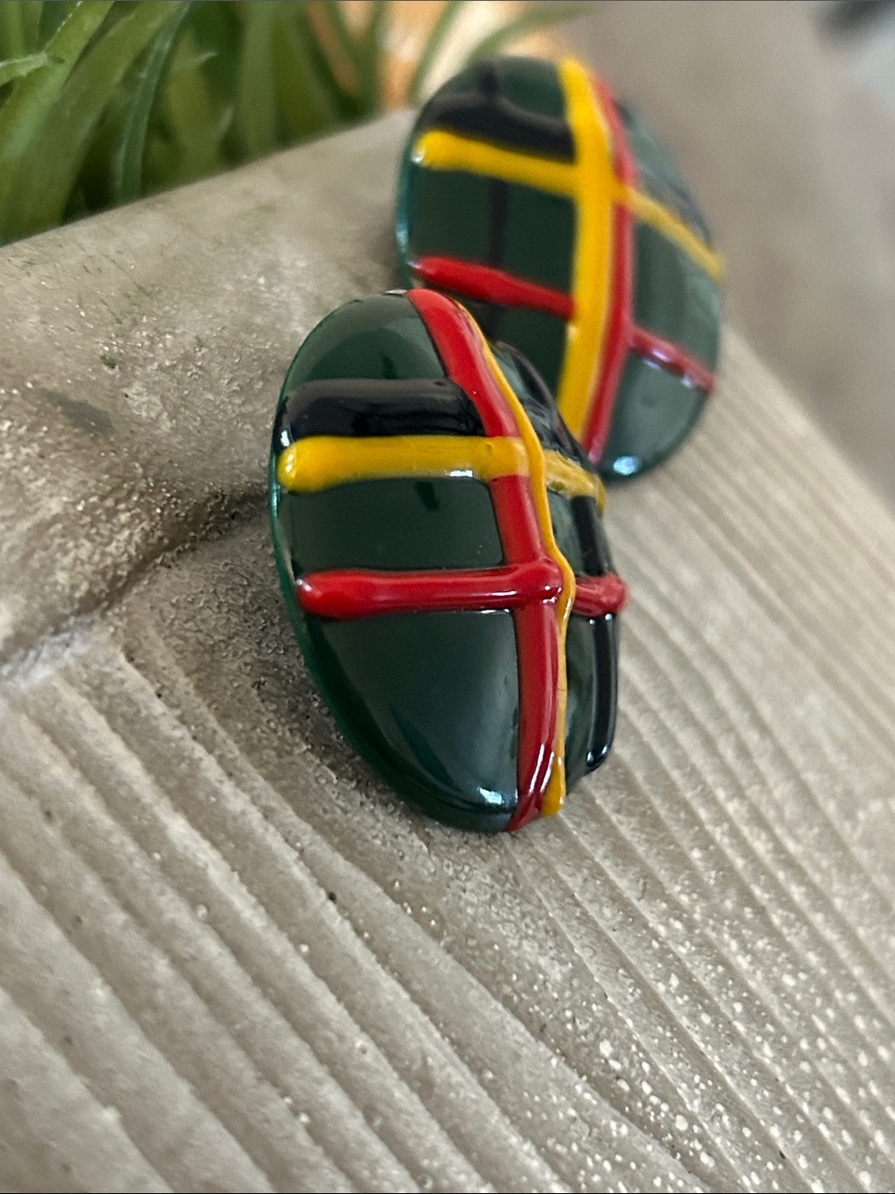 Vintage Round Green Enamel post-back Earrings with Red & Yellow crosshatches - Picture 5 of 5